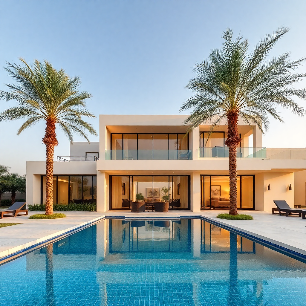 modern luxury villa in dubai with private pool and palm trees