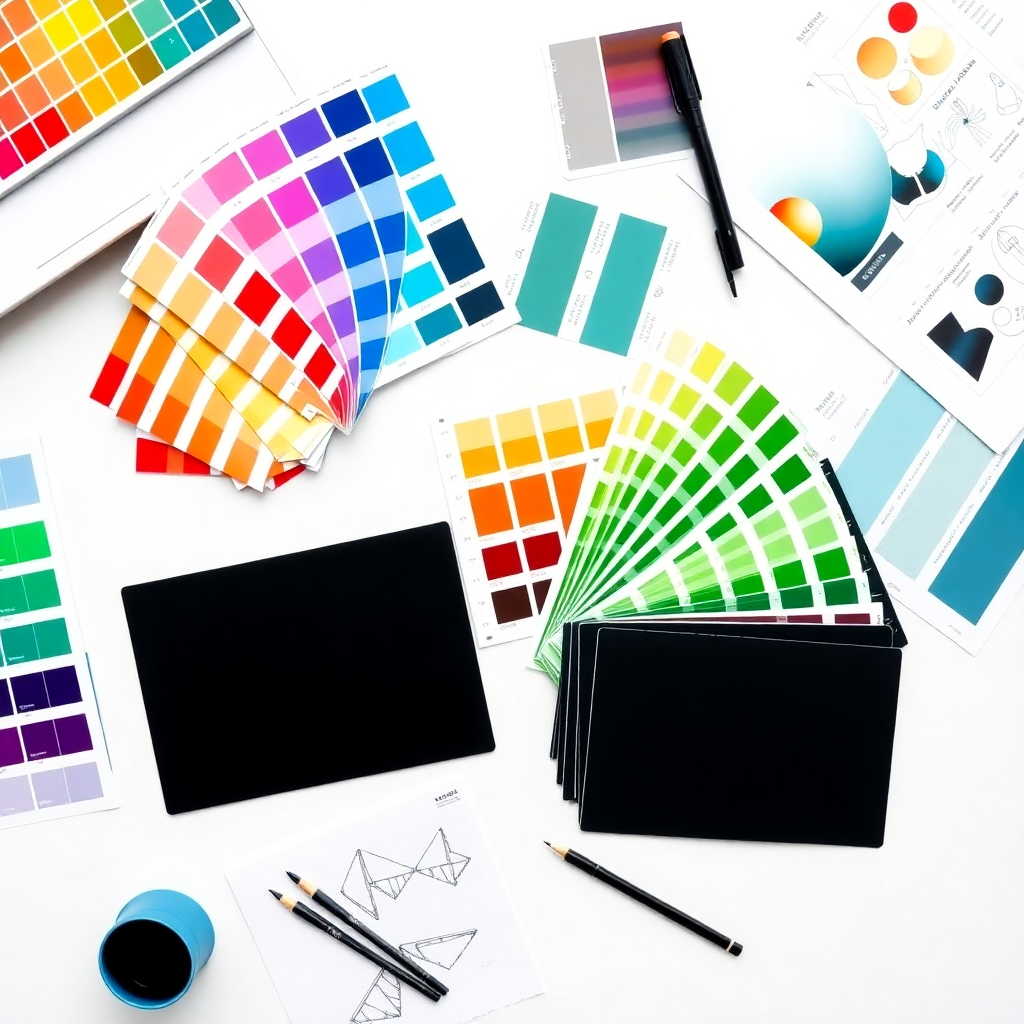 top down view of colorful design swatches, pantone books, and sketches on a white desk, professional design studio aesthetic, high quality photography