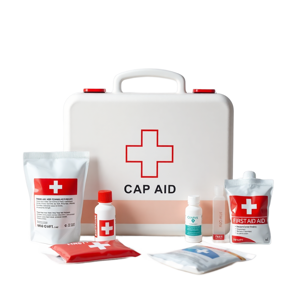 medical first aid kit box red cross emergency kit supplies, product photography clean background