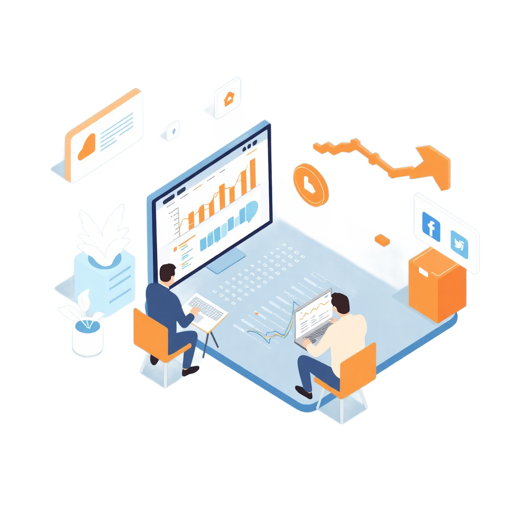 isometric illustration of digital marketing team working on analytics dashboard, seo strategy, and social media growth, clean modern vector style with orange accents