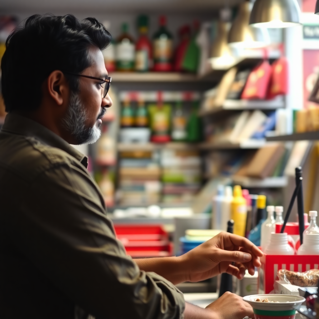 Busy Indian retail shop owner managing store