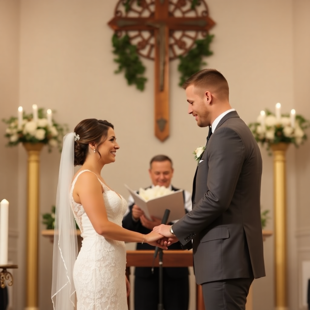 wedding vows exchange couple holding hands ceremony altar