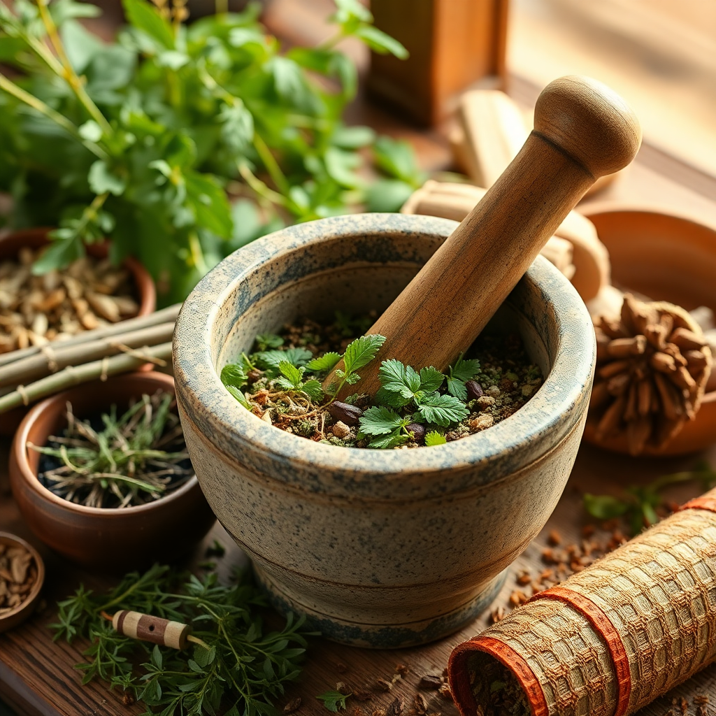 herbal medicine preparation, natural herbs and plants, mortar and pestle, traditional medicine making, warm natural lighting