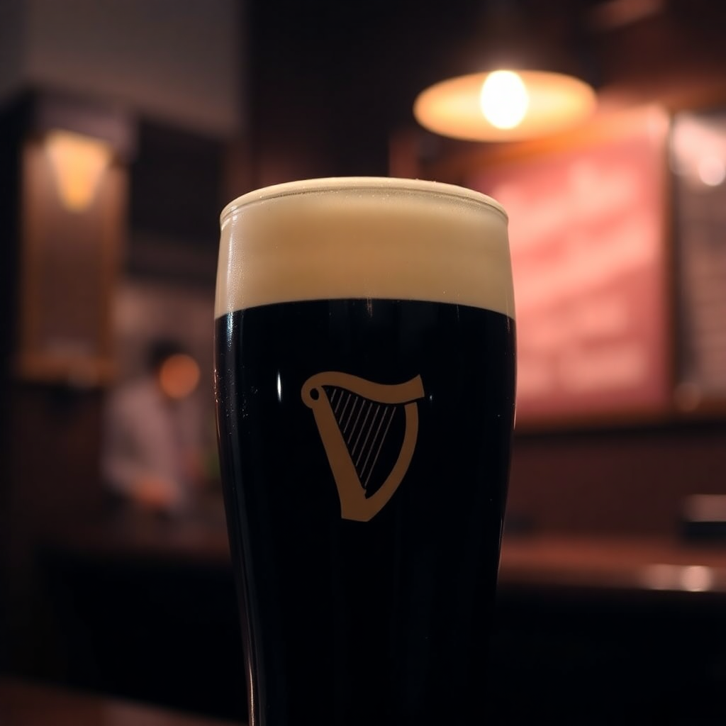 perfect Guinness pint glass close up, creamy white head, dark stout