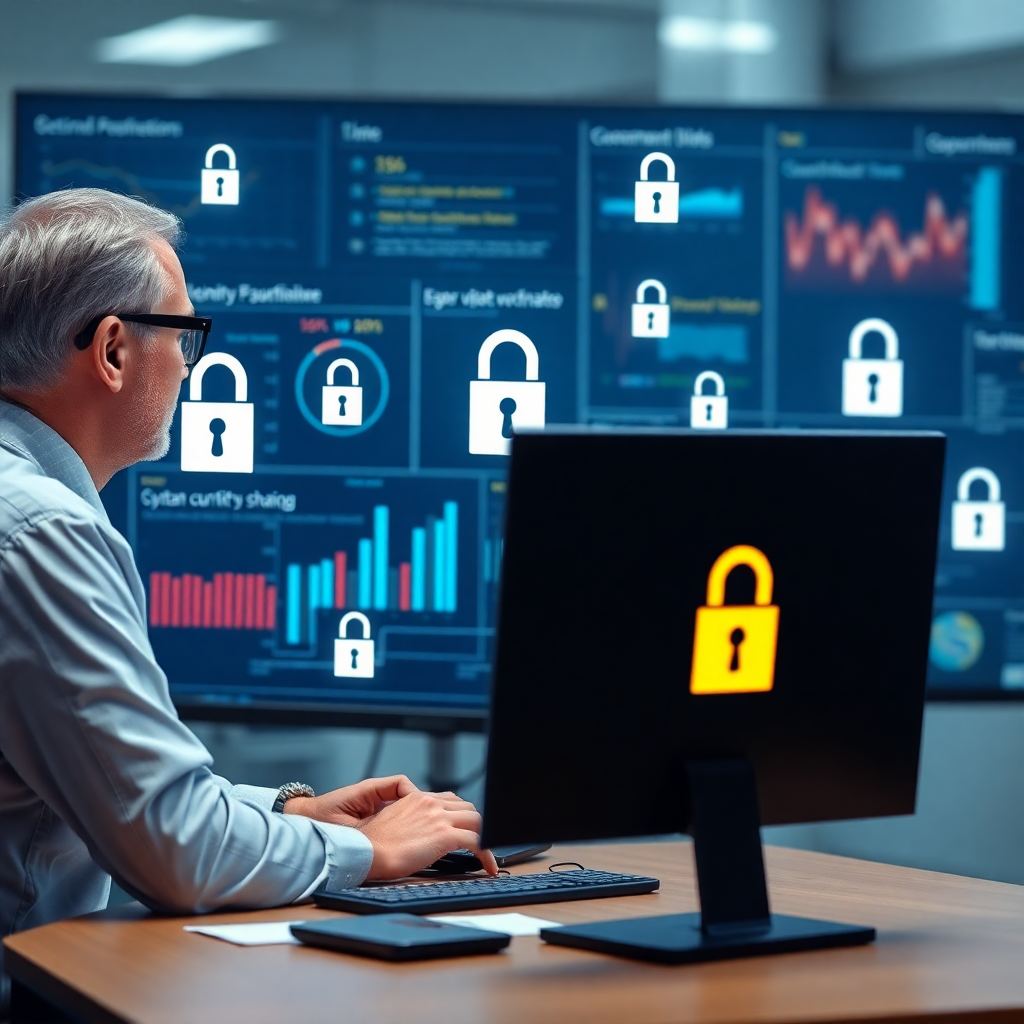 Government official working on secure computer with SSL padlock icons, cybersecurity dashboard, data protection visualization, professional office environment