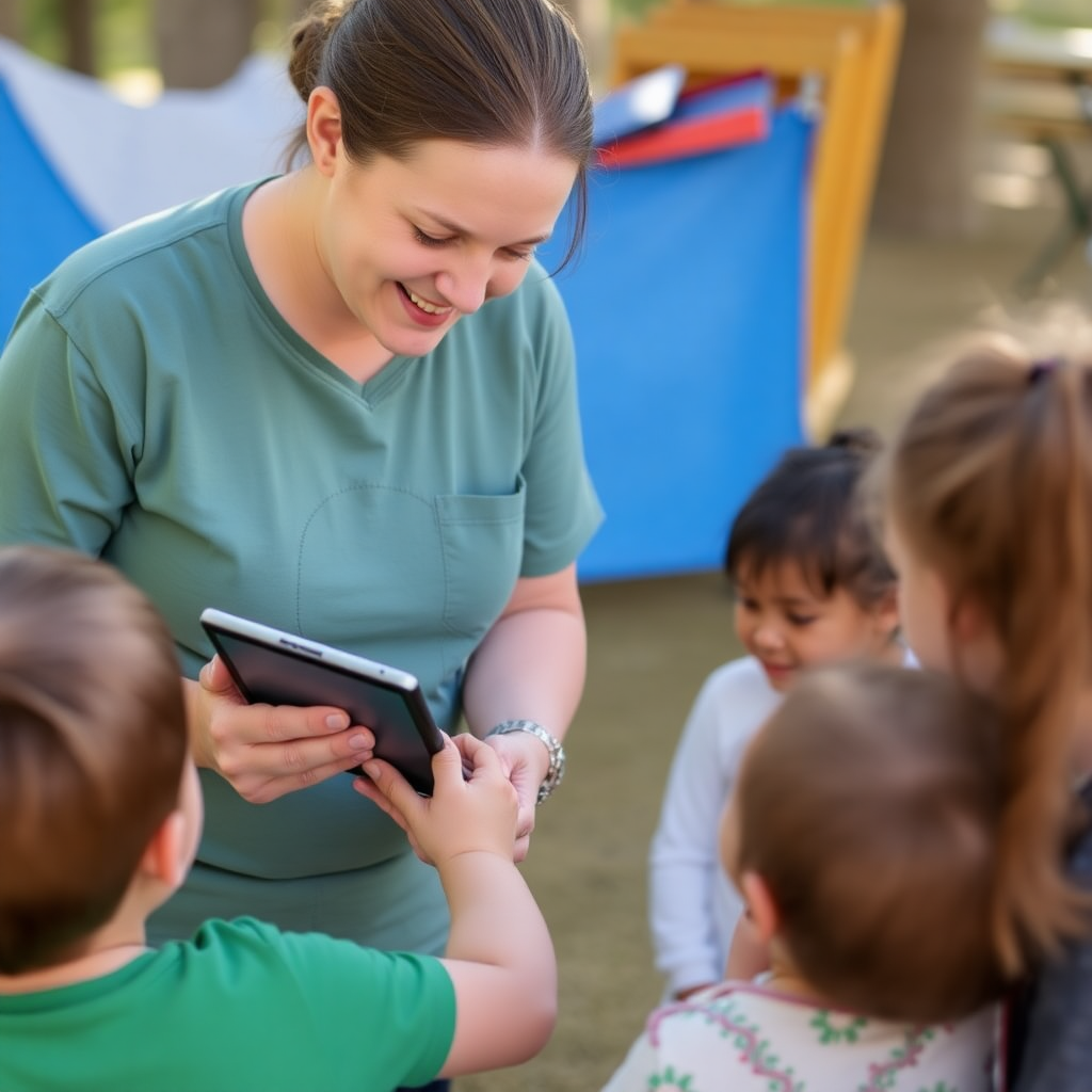 youth camp counselor using tablet to access children