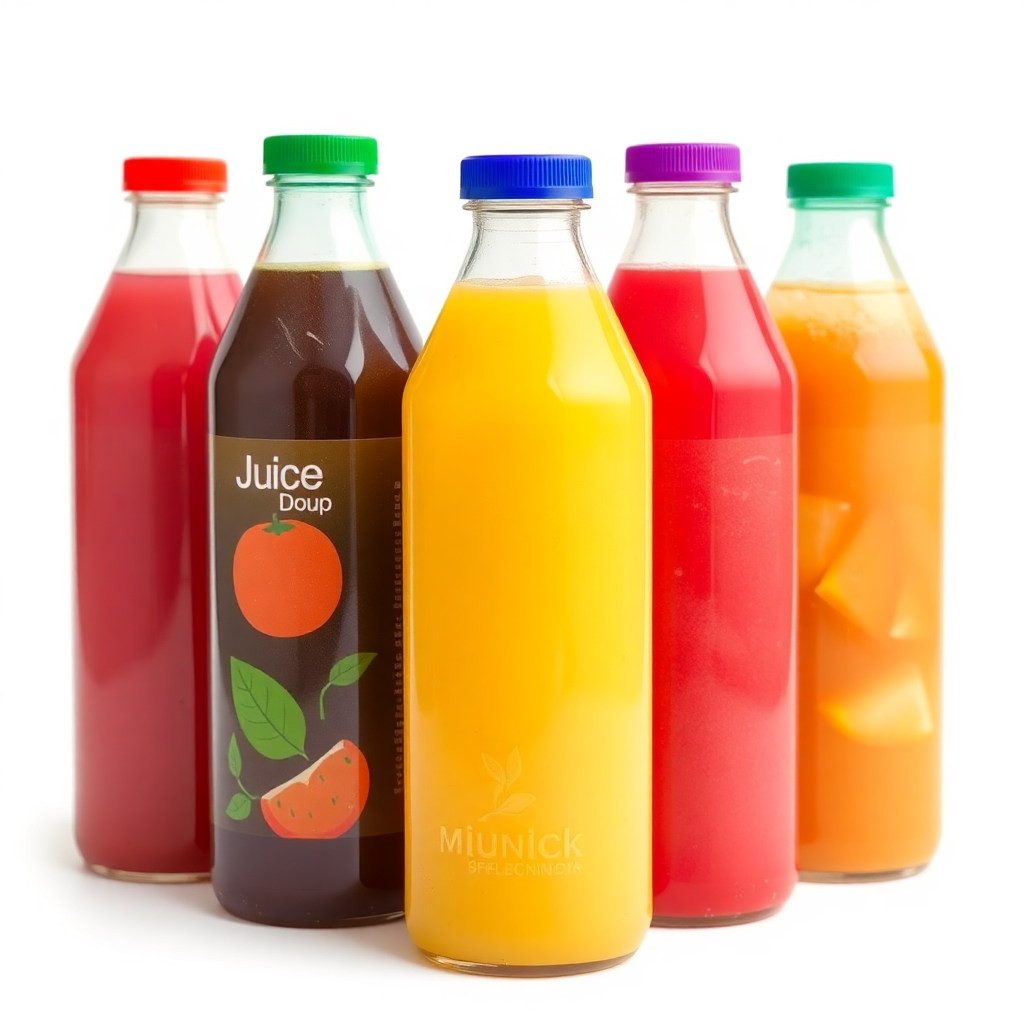 colorful beverages soft drinks juice bottles on white background