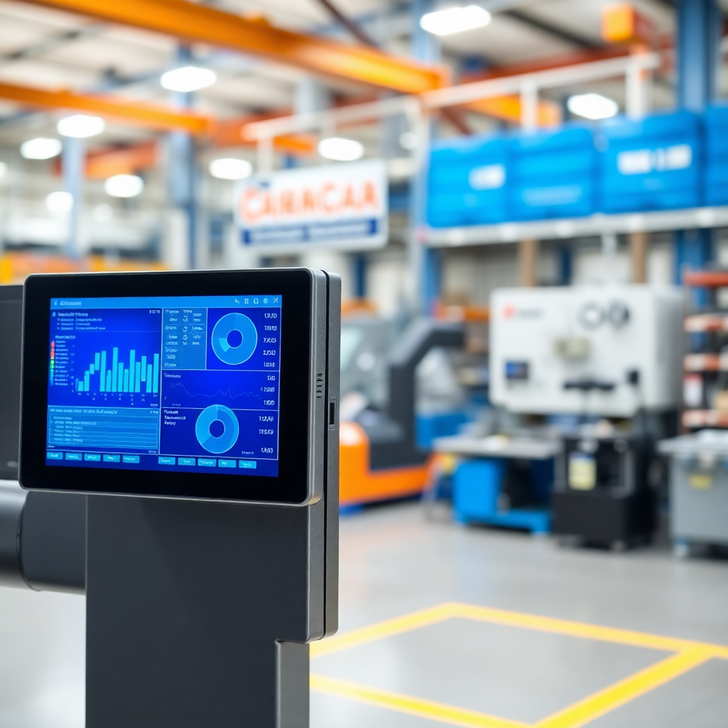 modern industrial touchscreen HMI panel with blue interface and manufacturing data visualization