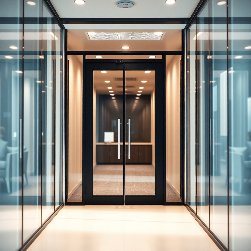 modern bright office entrance with glass doors, professional setting, slightly blurred background for depth