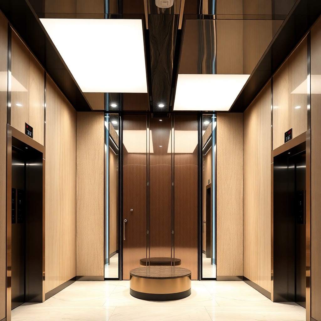 modern luxurious elevator interior with LED lighting, sleek design, glass panels, contemporary architecture