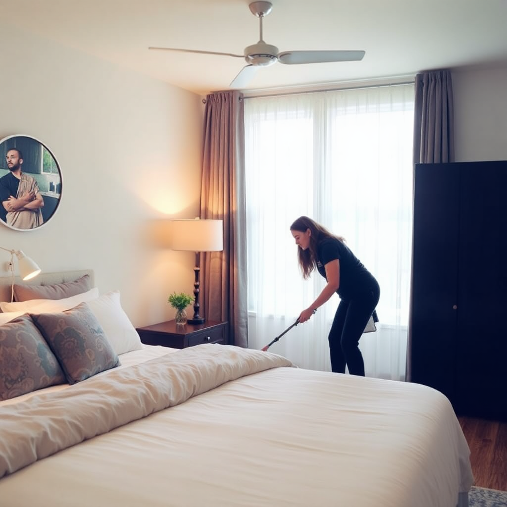 Cleaner preparing a vacation rental property.
