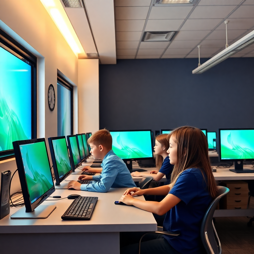 modern school computer lab with latest computers and students learning