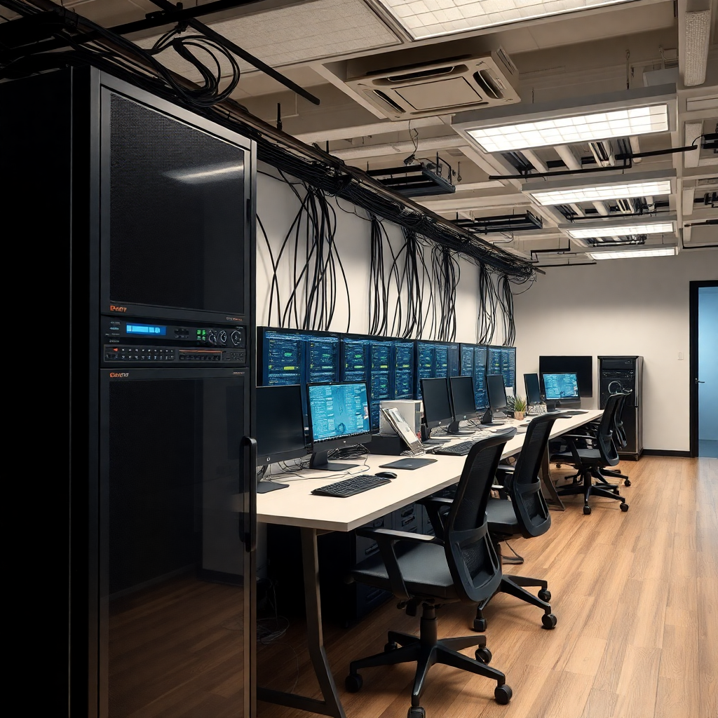 modern office with IT infrastructure, servers and networking equipment, professional business environment