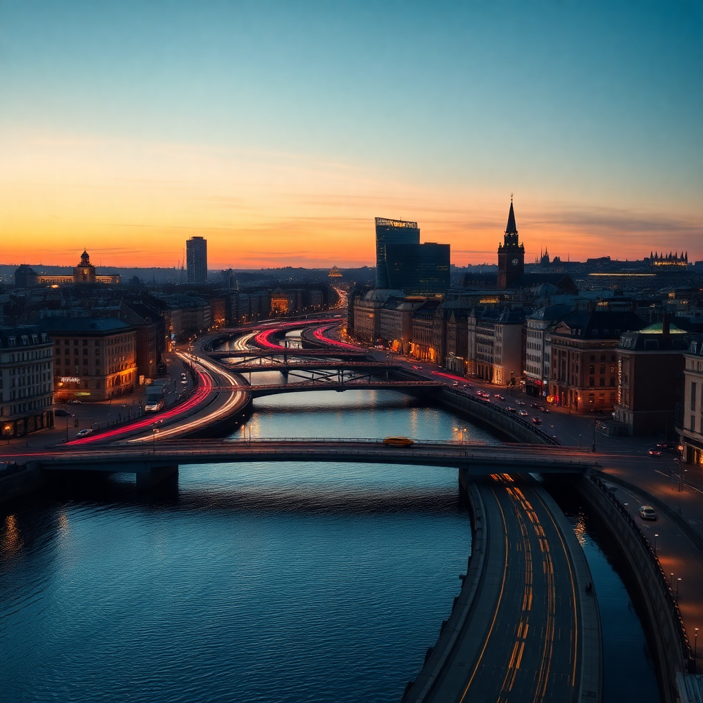 Vibrant cityscape of Dublin at dusk, River Liffey with glowing light trails from traffic, reflecting on the water, modern enterprise aesthetic, high-resolution photography.