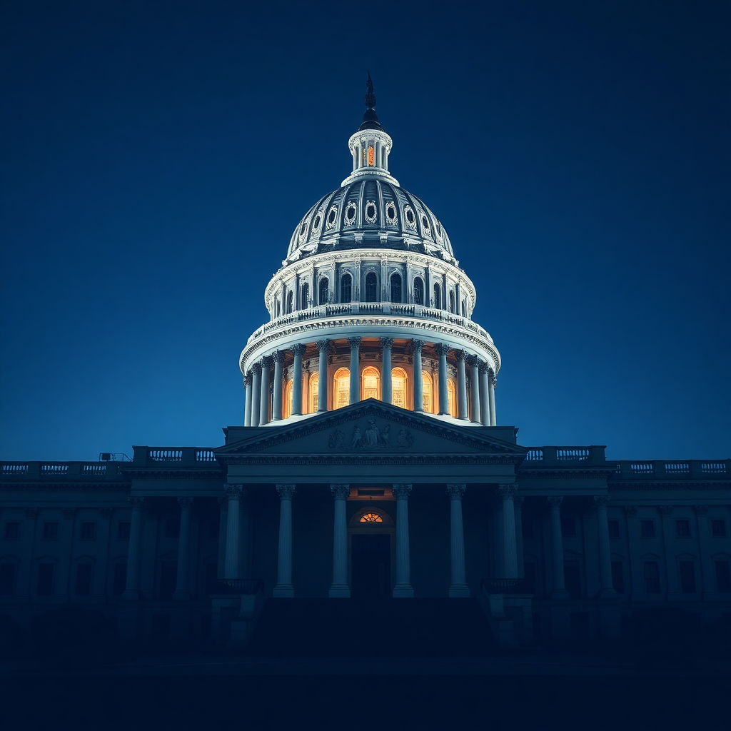 Professional political government building exterior or capitol, subtle lighting, high quality, realistic, dark tone overlay