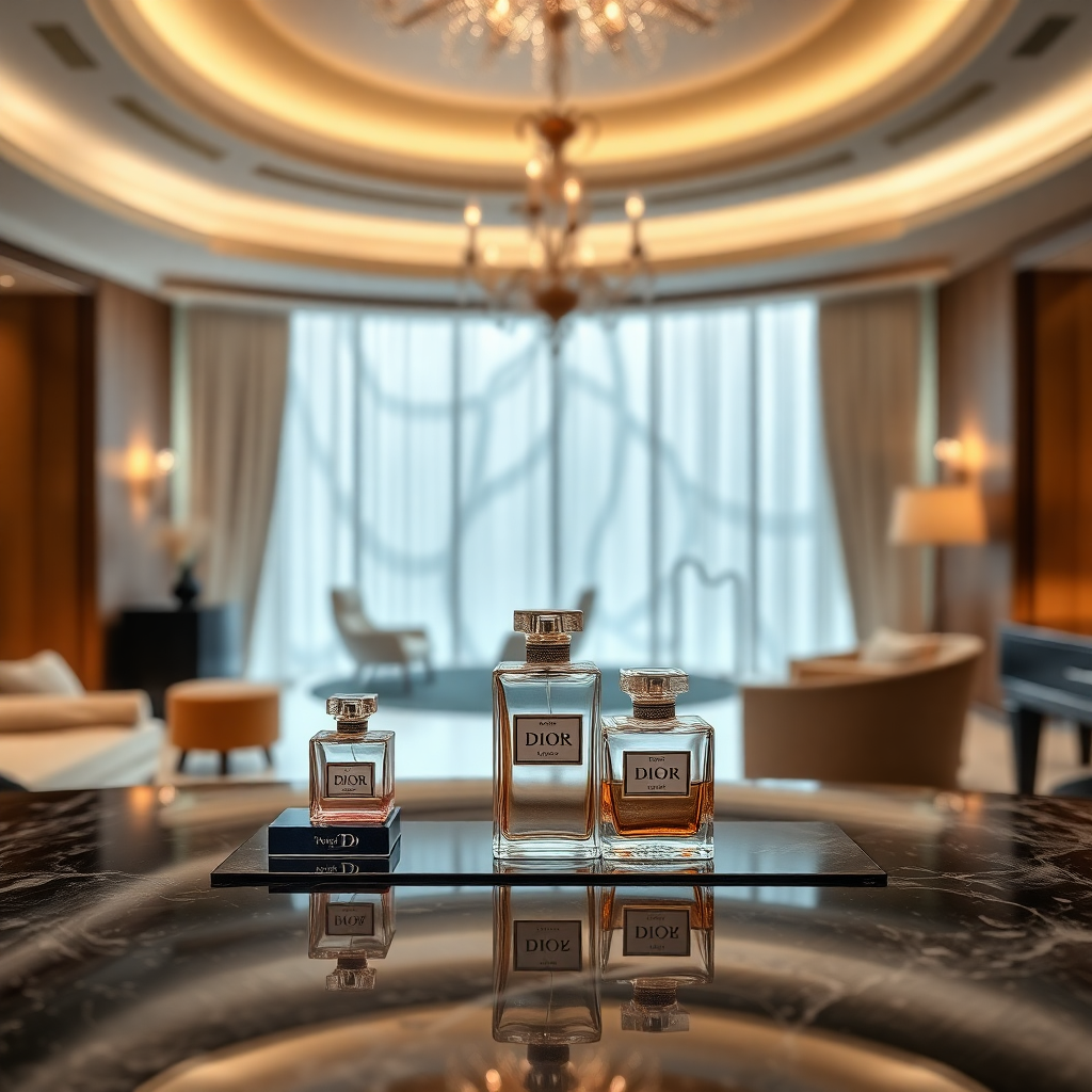 luxury hotel spa with Dior fragrance experience, elegant perfume bottles, premium hospitality setting, sophisticated interior