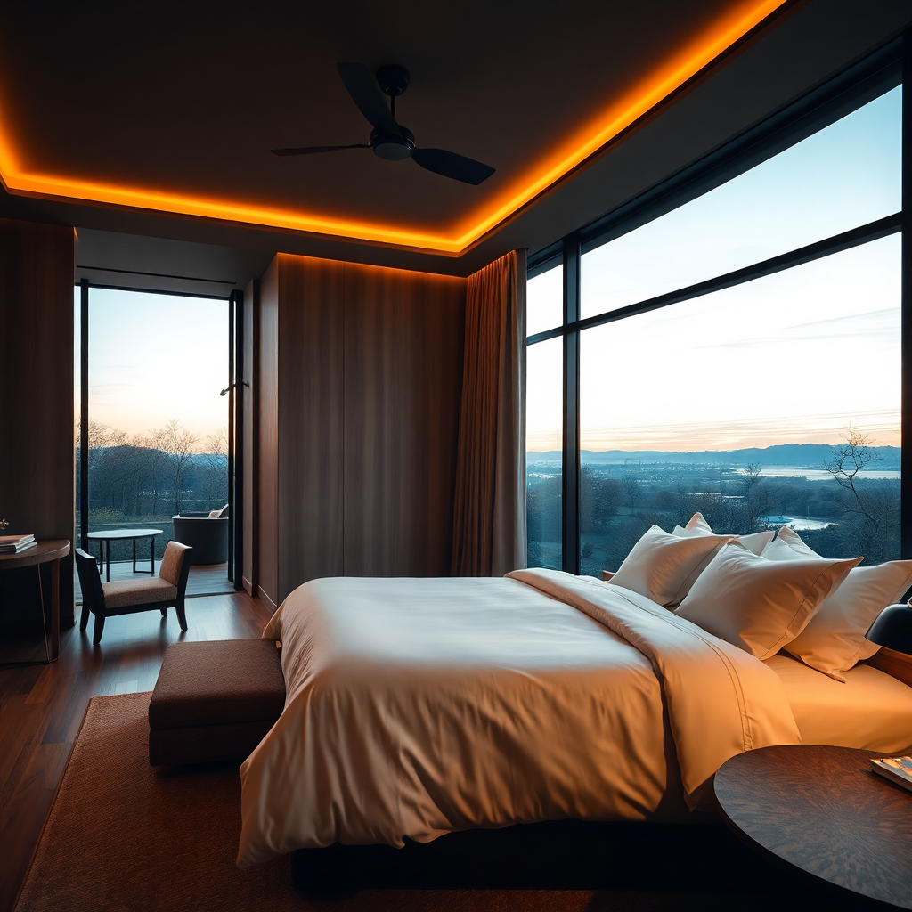 A stunning, atmospheric photograph of a luxurious, modern hotel room with warm, ambient lighting. The room features a plush king-size bed with crisp white linens, elegant wooden furniture, and large windows overlooking a serene natural landscape at dusk. Wabi-sabi interior design style.