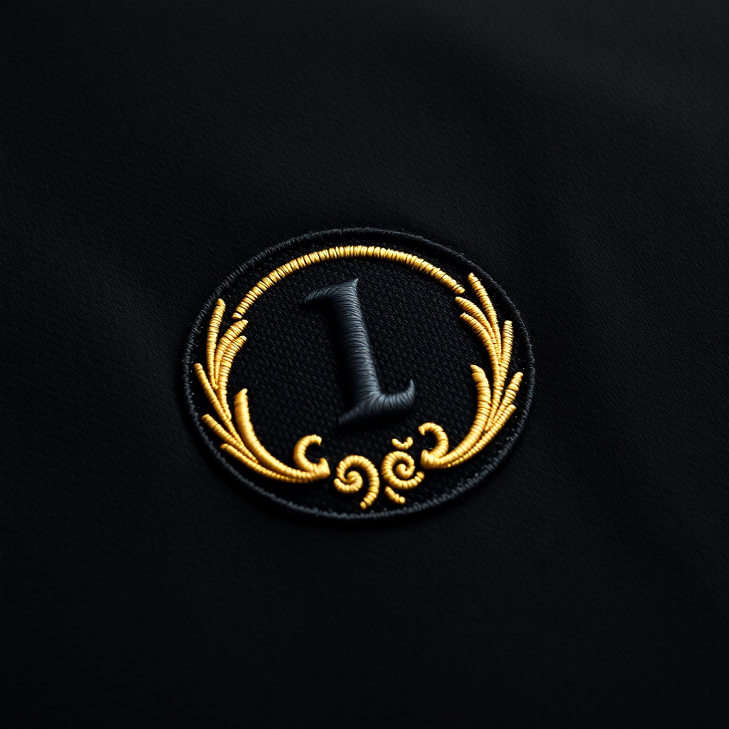 luxury embroidered logo on premium black fabric with gold thread creating 3D relief effect high-end textile craftsmanship