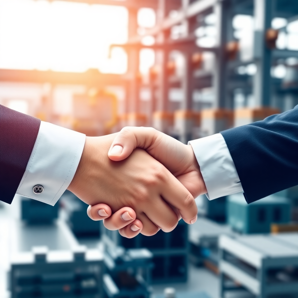 global business partnership handshake with industrial manufacturing background