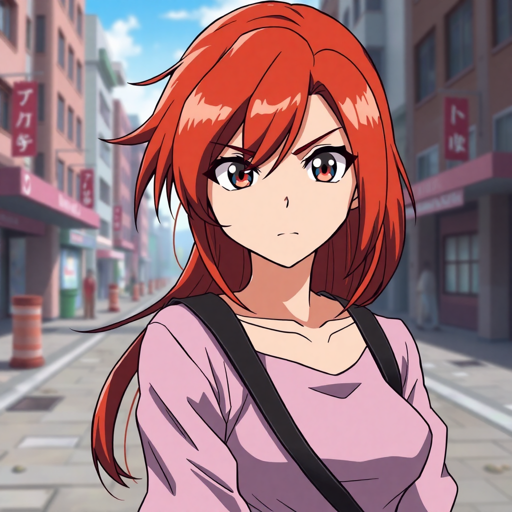 confident anime girl with red hair, strong personality, determined eyes, urban setting, portrait