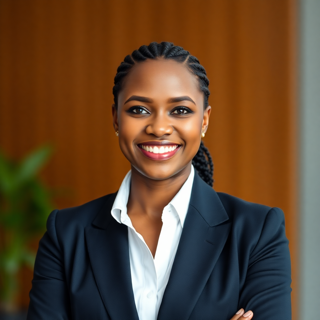 professional Ghanaian woman lawyer in business attire, headshot portrait, confident smile, African features