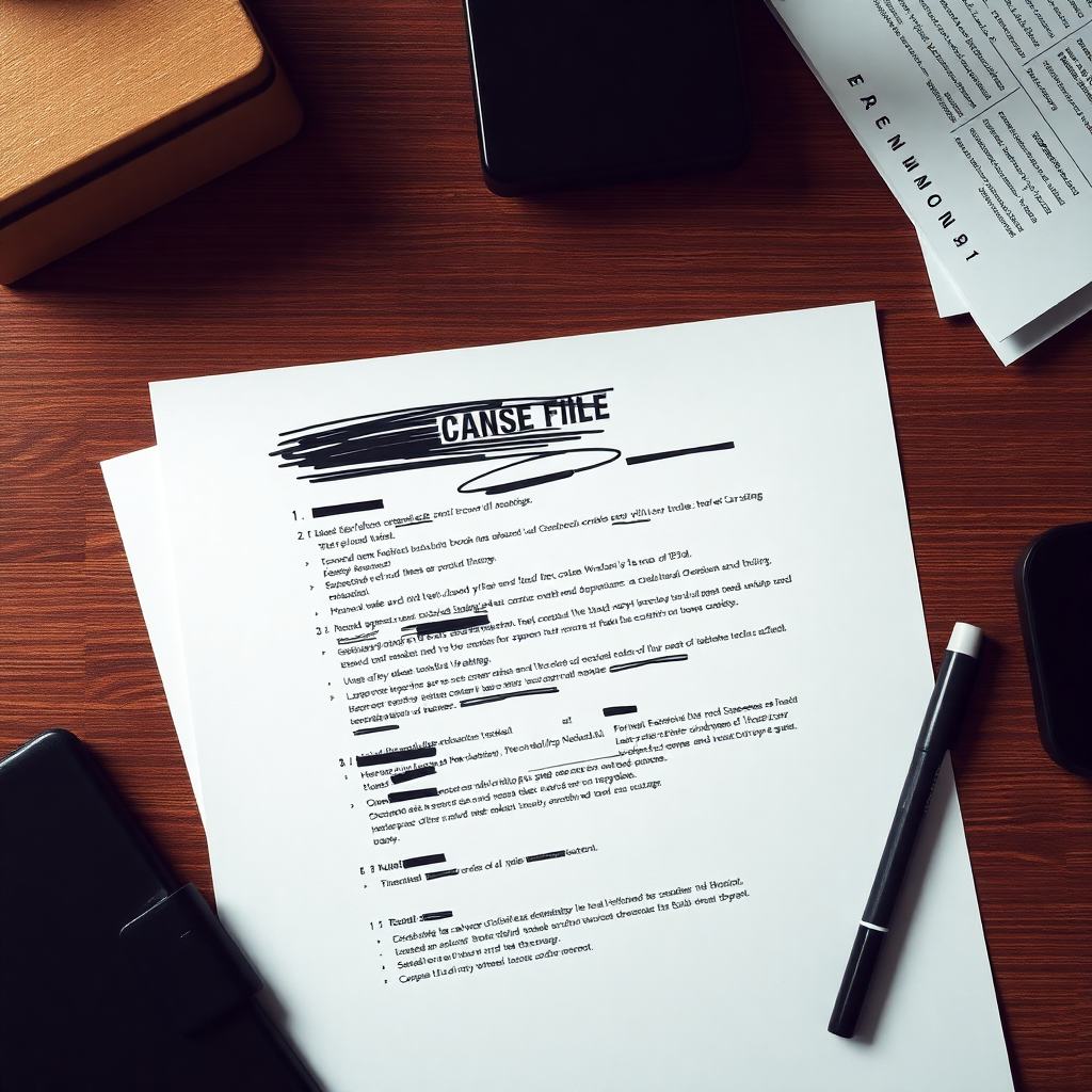 top down view of a redacted confidential case file on a desk, black marker lines over text, paper texture, realistic photography