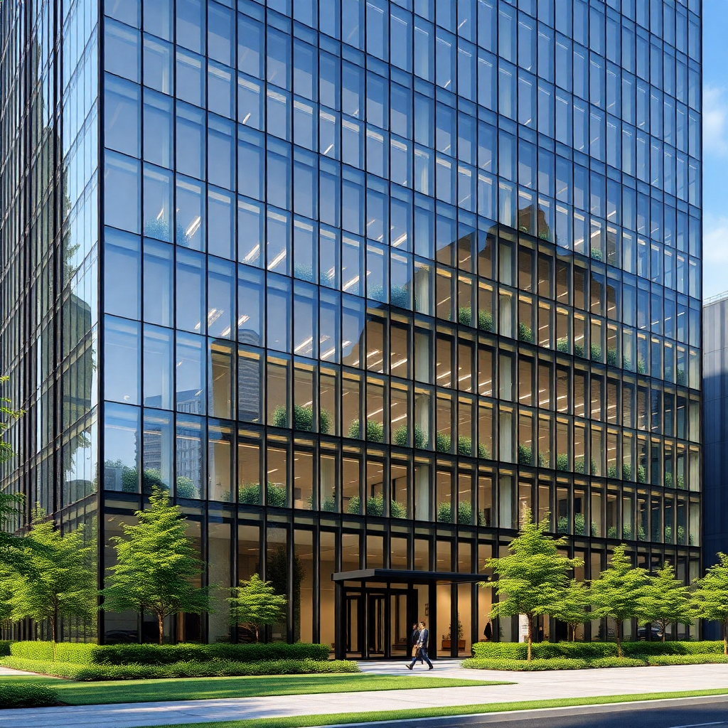 modern corporate glass office building architecture facade, photorealistic architectural visualization, greenery, professional photography