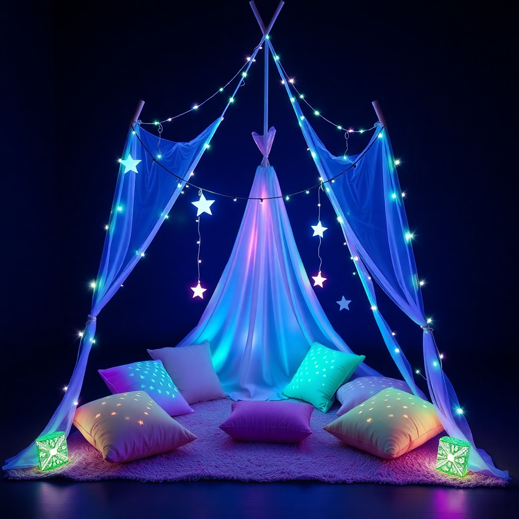 glow in the dark party setup, neon lights, fluorescent cushions, glowing stars, dark theme teepee for kids, pulsing neon glow effect
