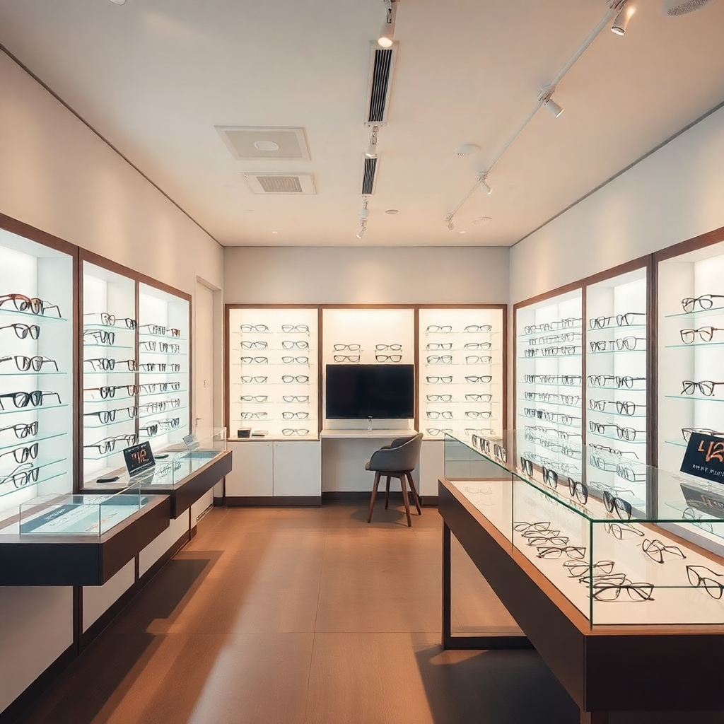 modern optical store interior with stylish eyewear displays, soft lighting, elegant design, high-end optical shop