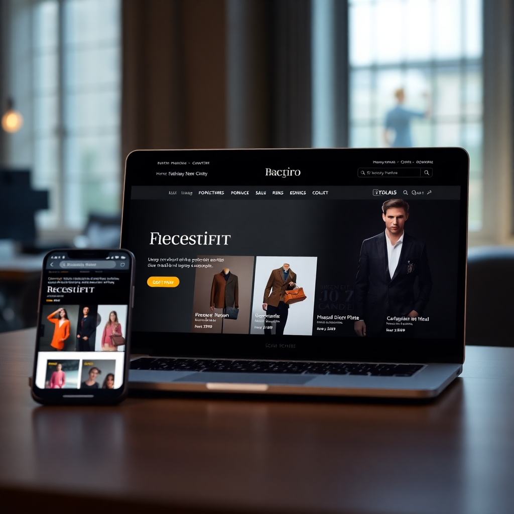 luxury fashion e-commerce website on laptop and mobile screens, modern interface, high-end products, clean lighting