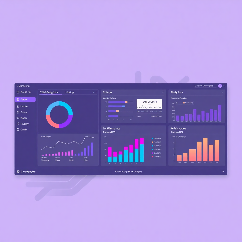modern business dashboard interface with CRM analytics charts graphs and data visualization, clean UI design, purple gradient theme
