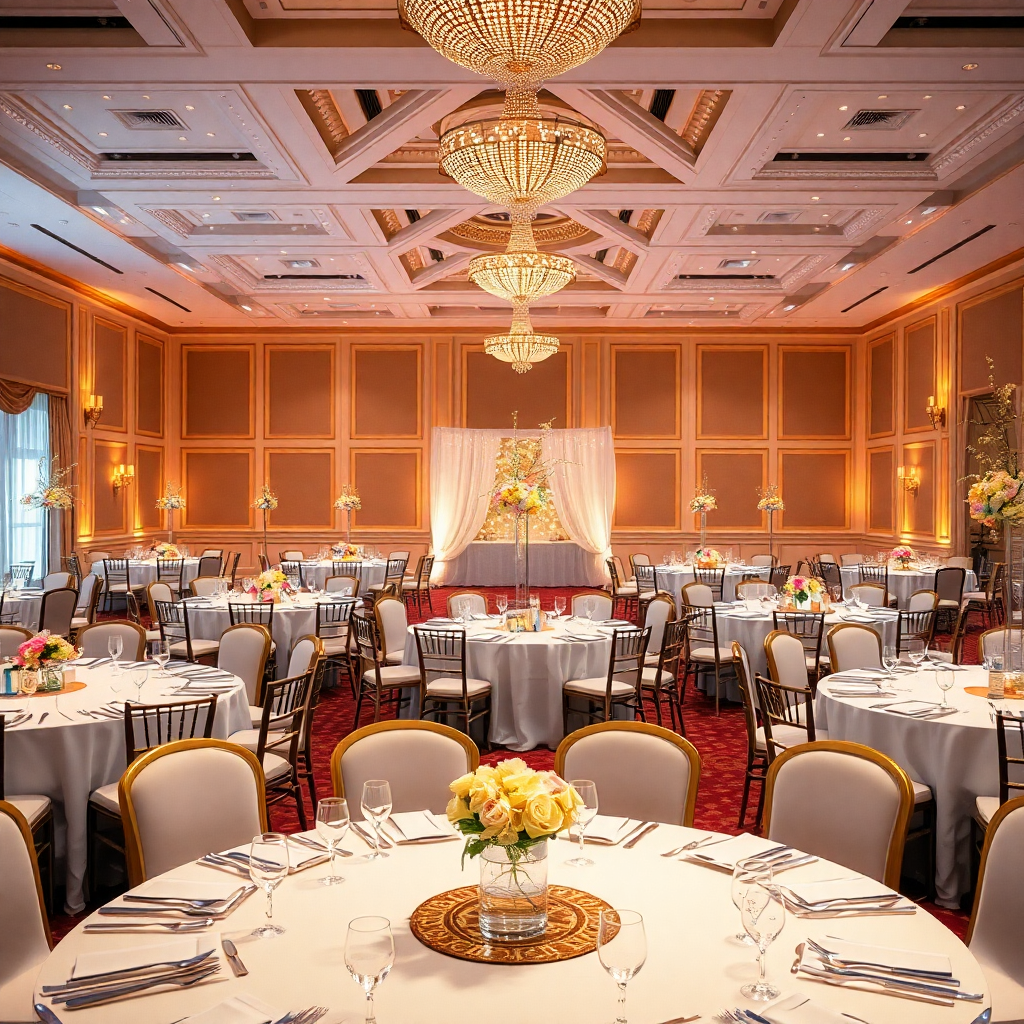 elegant wedding reception hall with warm lighting, beautifully set tables with white linens, golden centerpieces, soft bokeh lights, premium banquet setup