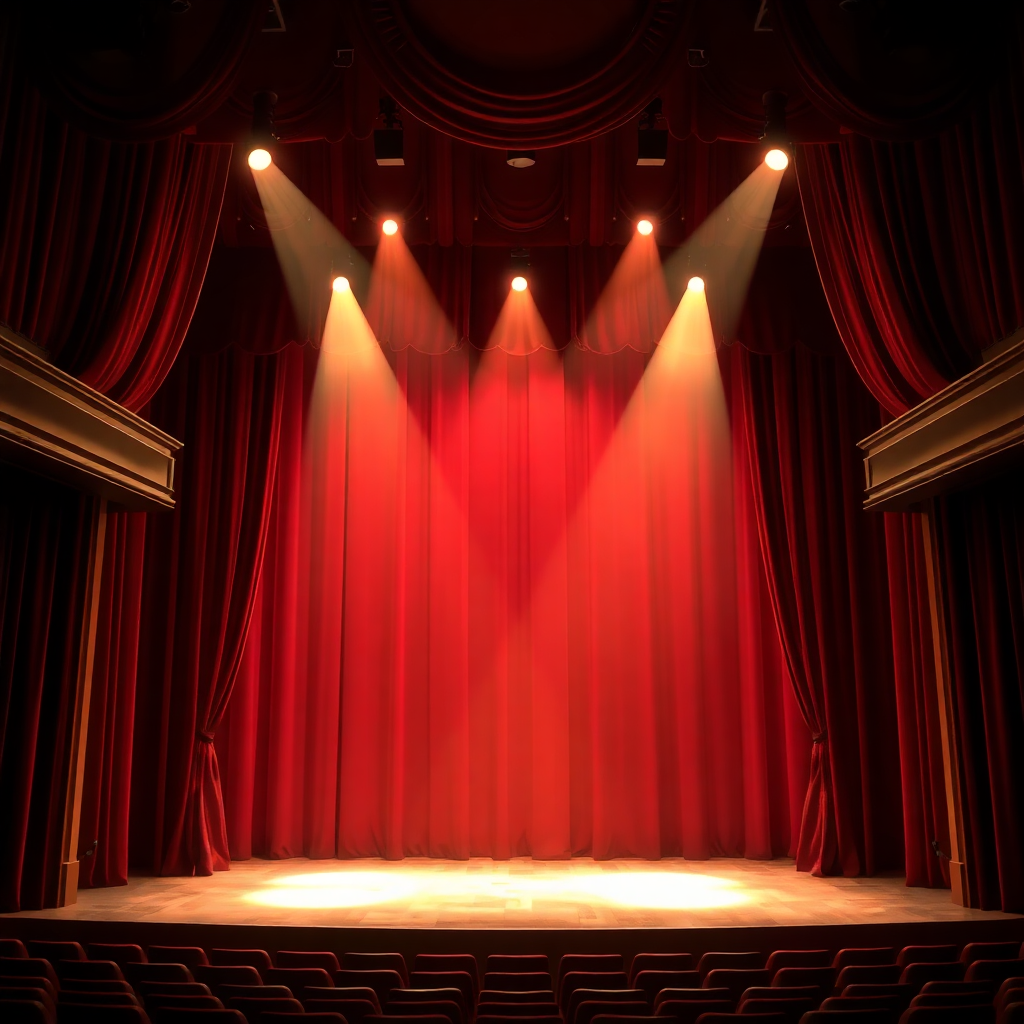 Scène de théâtre avec rideaux rouges et projecteurs dorés