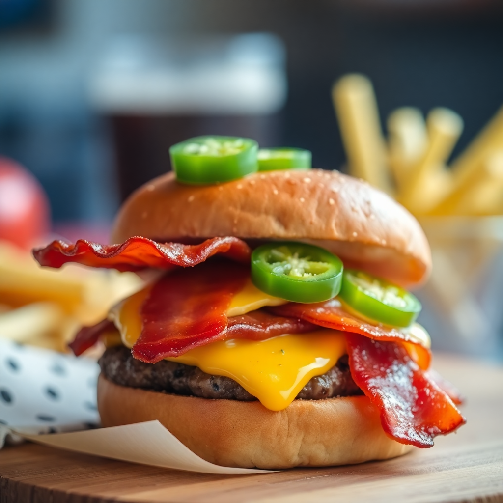 spicy jalapeño bacon burger with pepper jack cheese, macro food shot