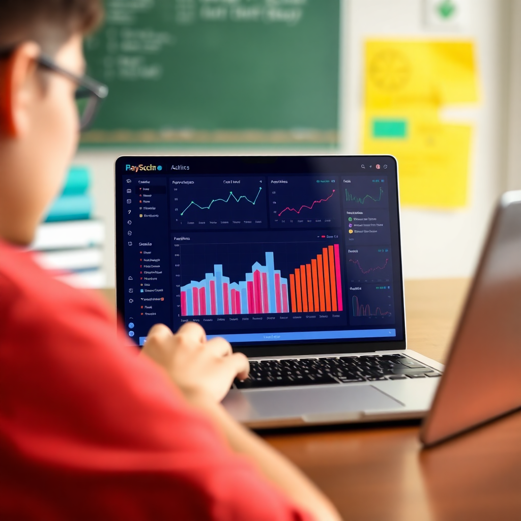 school administrator using dashboard interface with analytics charts and management tools on laptop