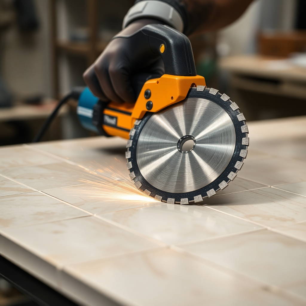 diamond blade cutting ceramic tile, precision cutting process, professional workshop, clean cut edge