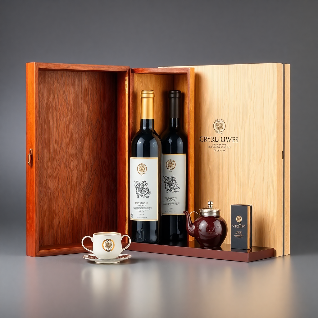 Premium luxury gift box with wooden case, wine bottle, tea set, elegant corporate packaging