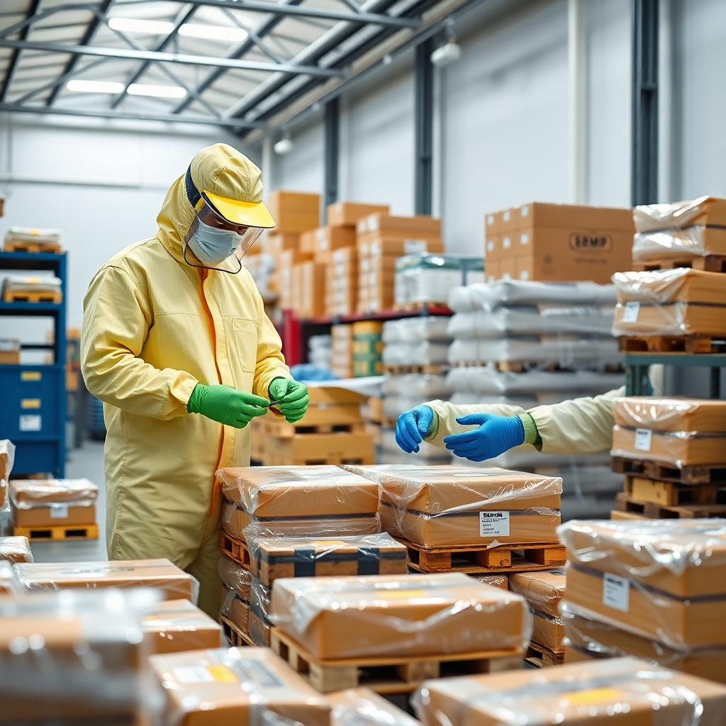 workers in hazmat suits preparing chemical packages in a GMP warehouse, temperature-controlled storage, hazardous materials handling, professional logistics operation