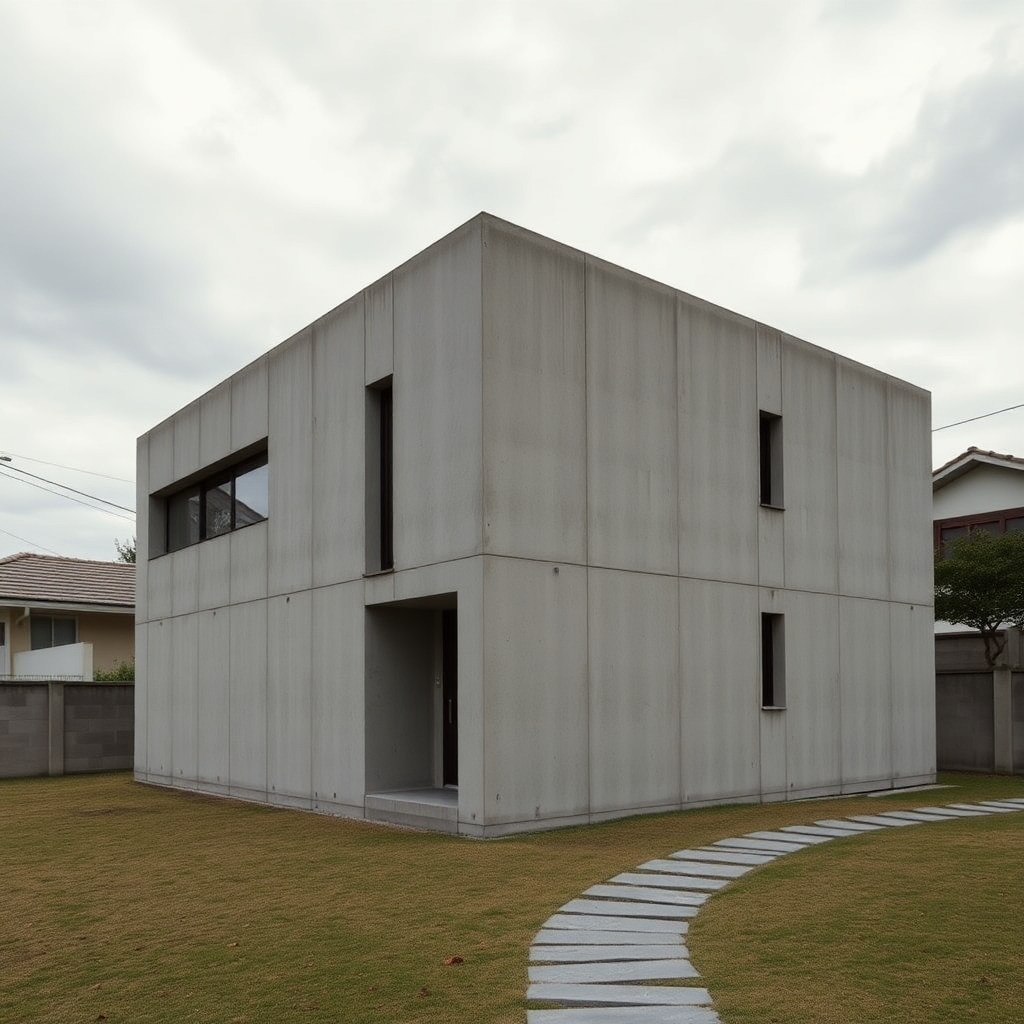 modern Japanese concrete architecture, brutalist minimalist house, narrow windows, stone path, architectural photography, overcast dramatic sky