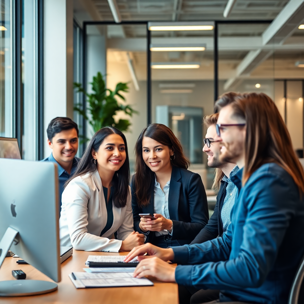 diverse team of AI professionals in modern office, data scientists and engineers collaborating, professional business setting