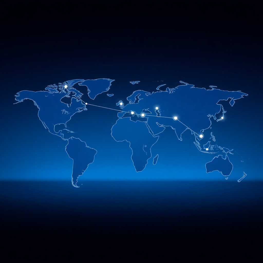 global connectivity map showing conference bridge network with connected nodes across continents, modern tech interface, blue gradient overlay