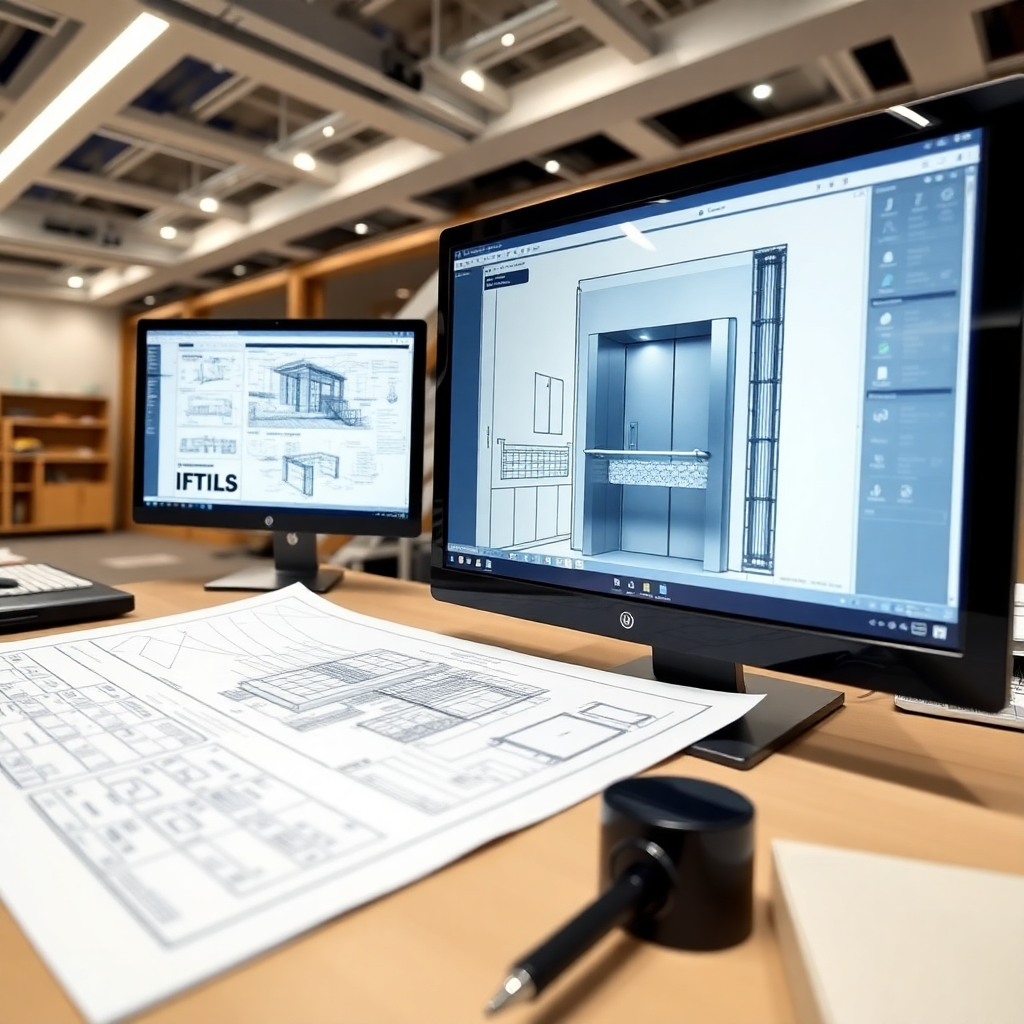architectural blueprints and technical drawings of elevator system, CAD software on screen, engineering workspace
