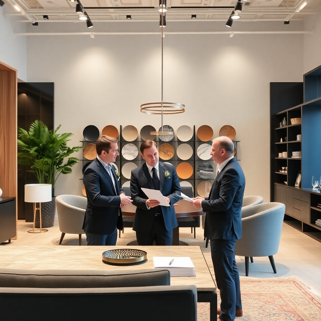 professional architect and interior designer consulting in a luxury material showroom
