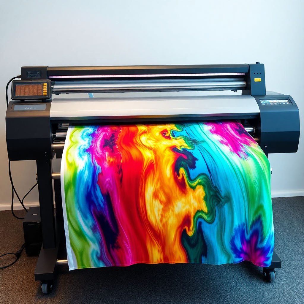 modern digital textile printing machine with vibrant colorful fabric output, high-tech professional equipment, photorealistic, studio lighting