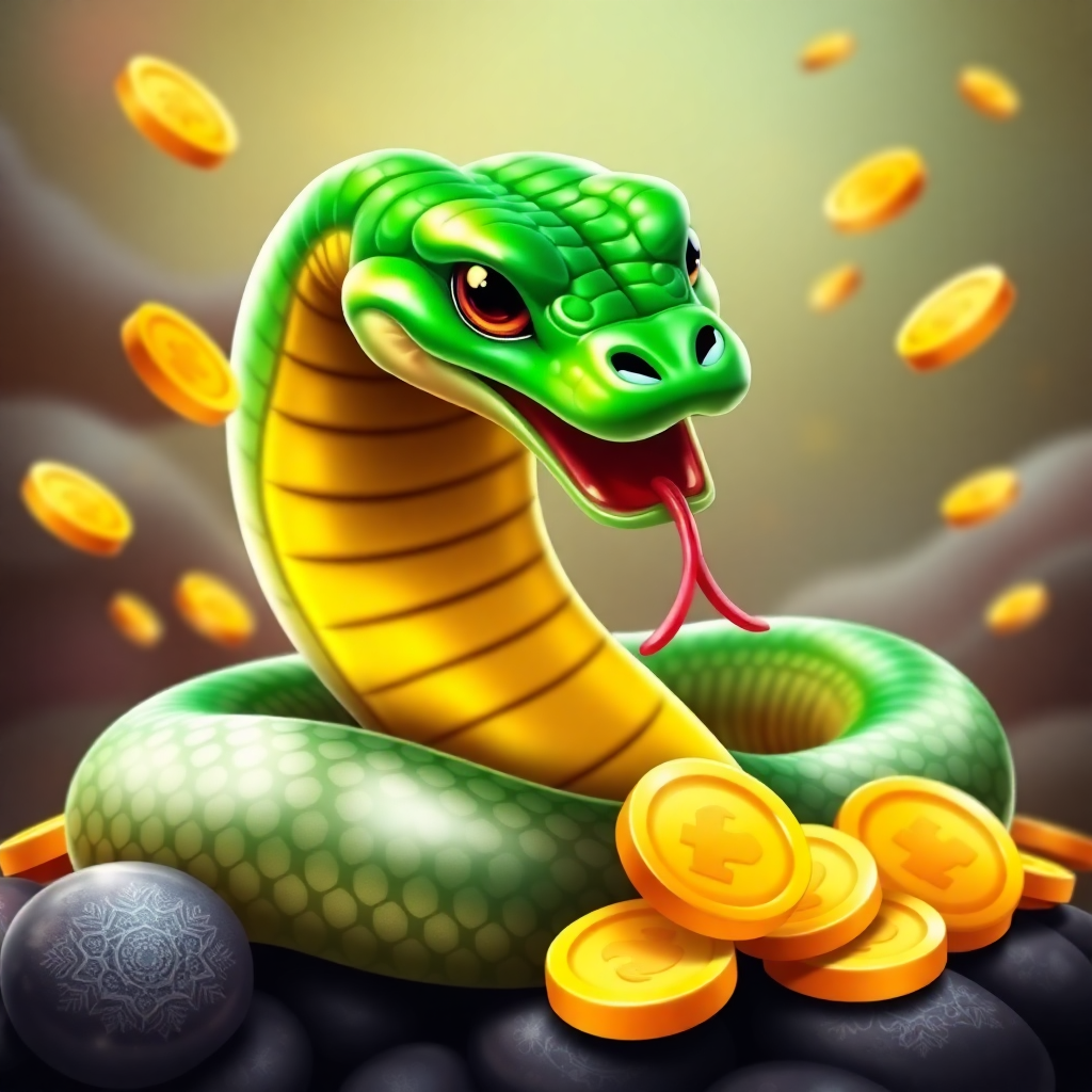casino slot game icon fortune snake, green snake, asian theme, gold coins