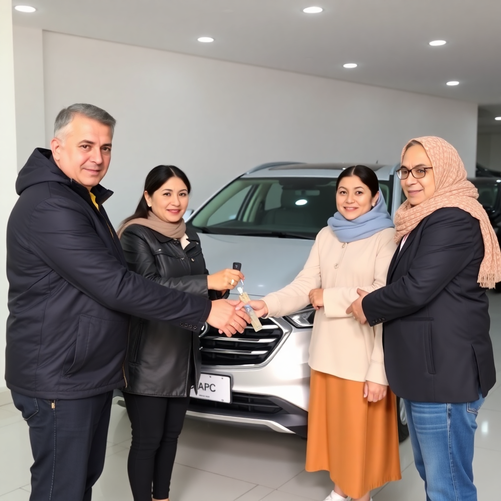 happy Uzbek family receiving keys to new JAC car from professional dealer handshake celebration moment