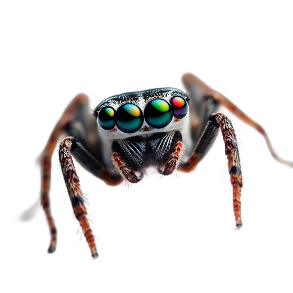 jumping spider with large eyes colorful on white background, extreme macro photography