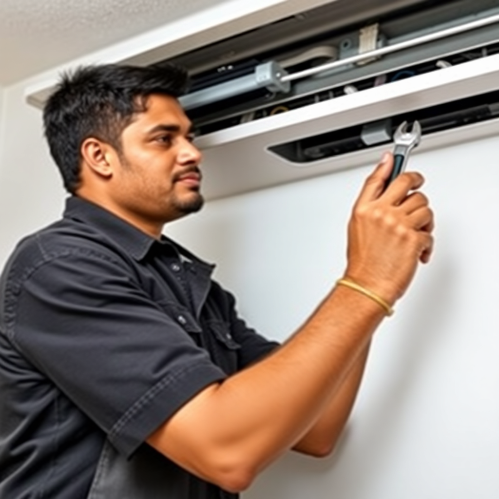 Professional Indian AC technician servicing air conditioner, tools in hand, realistic photography