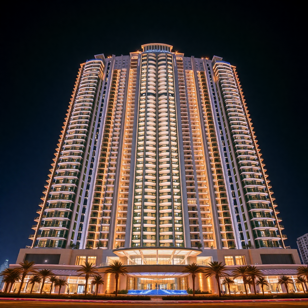 Exterior of a massive luxury residential tower complex in Dubai at night