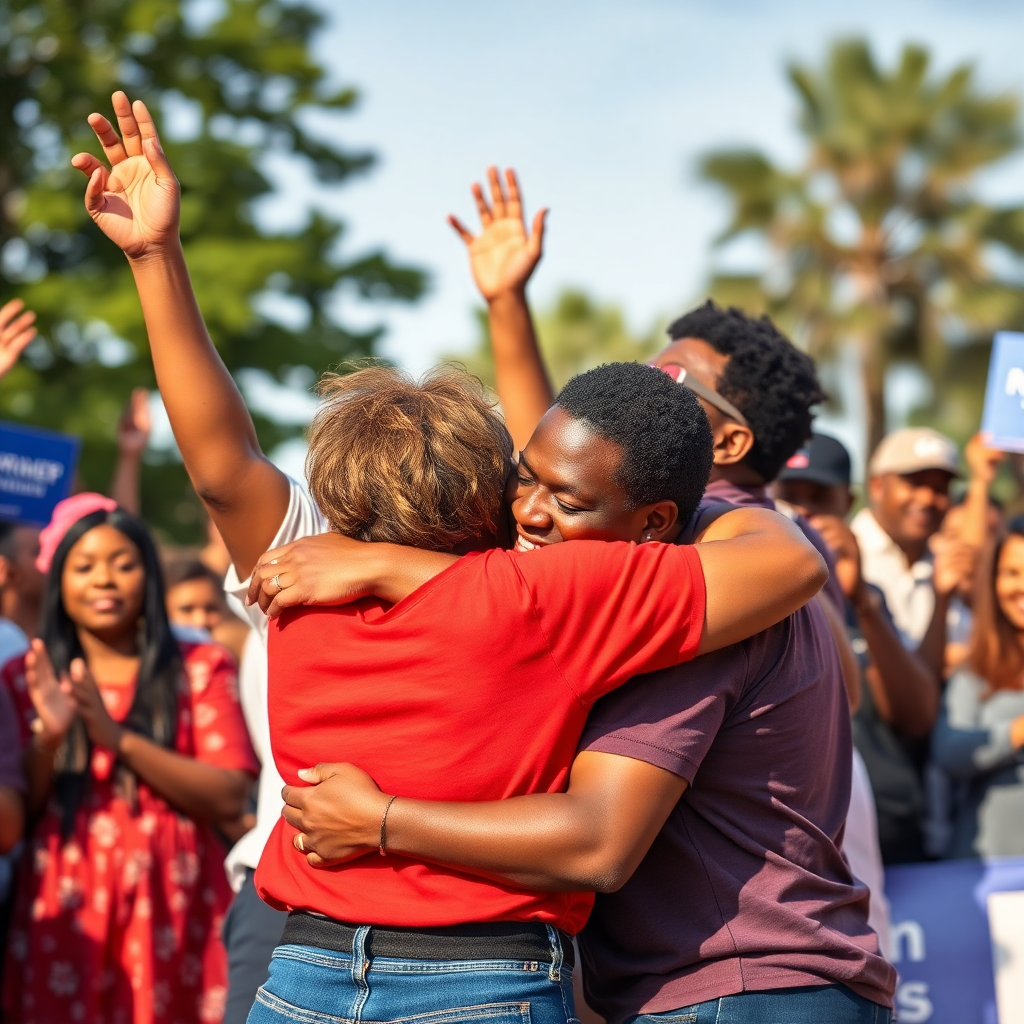 community celebration after successful campaign, people cheering and hugging, victory moment